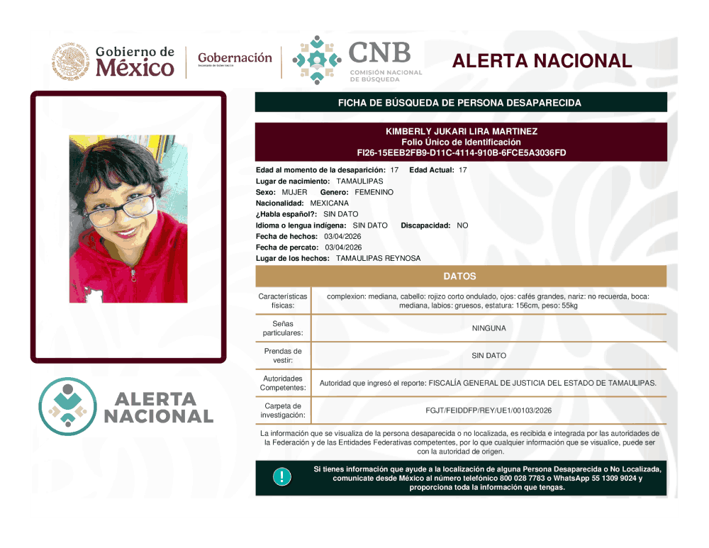 Persona desaparecida Kimberly Jukari Lira Martínez