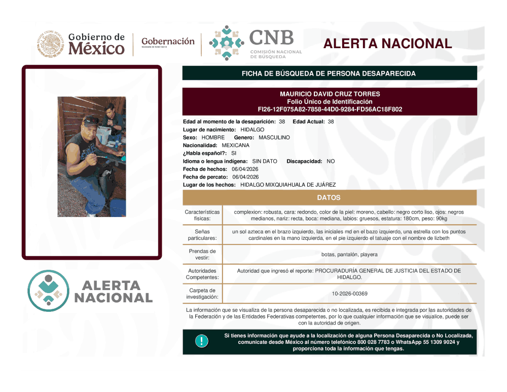 Persona desaparecida Mauricio David Cruz Torres