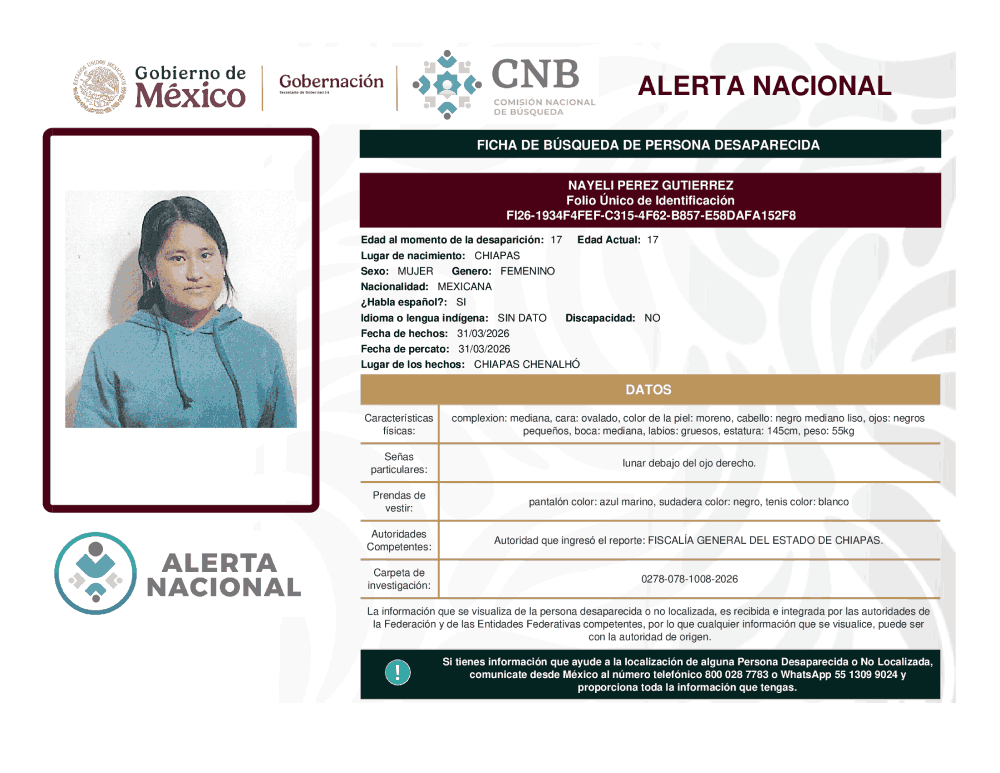 Persona desaparecida Nayeli Pérez Gutierrez