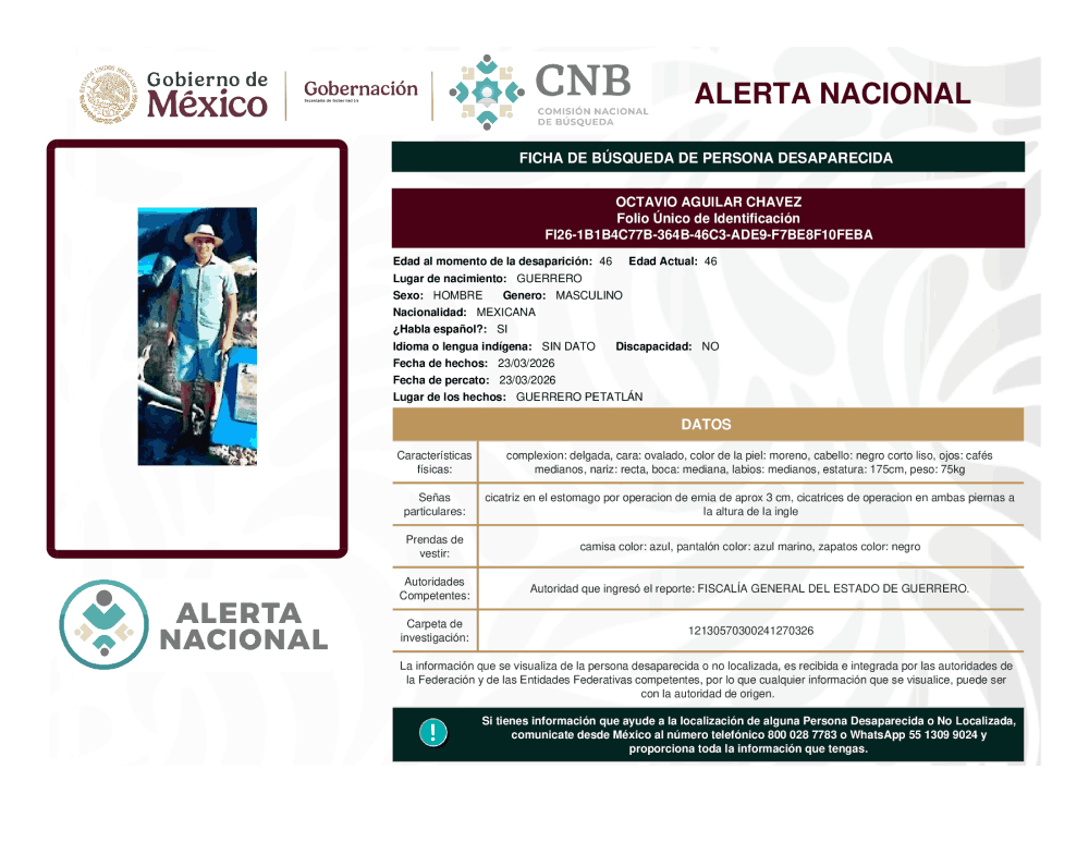 Persona desaparecida Octavio Aguilar Chávez