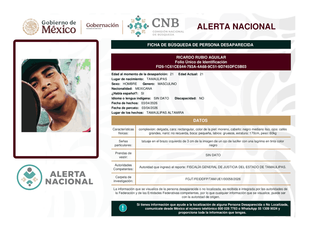 Persona desaparecida Ricardo Rubio Aguilar