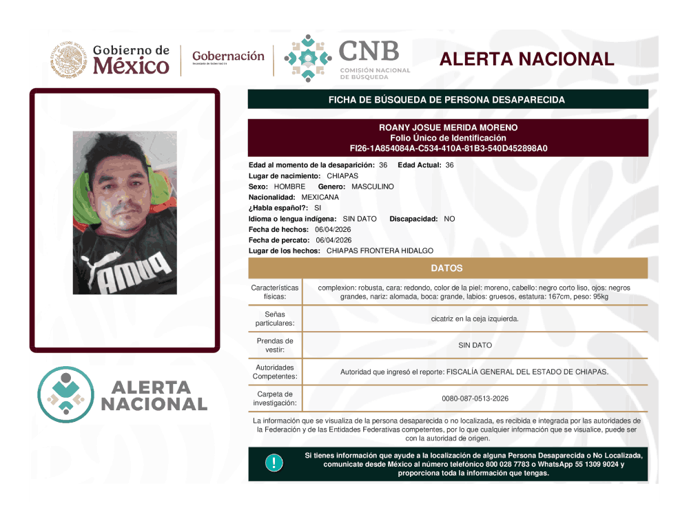 Persona desaparecida Roany Josue Merida Moreno