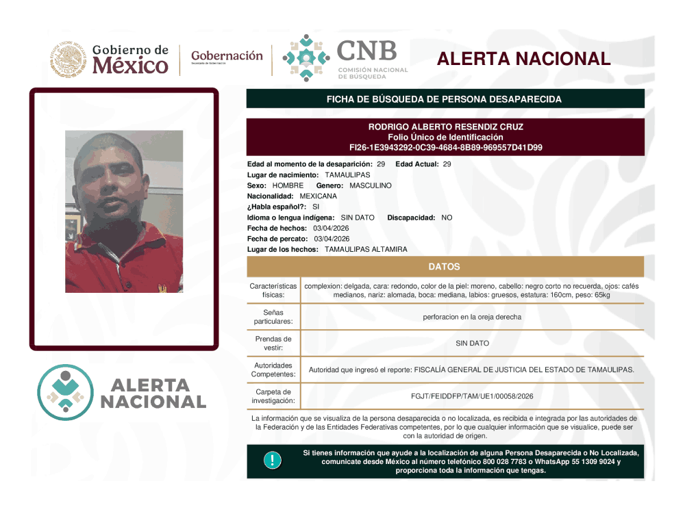 Persona desaparecida Rodrigo Alberto Reséndiz Cruz