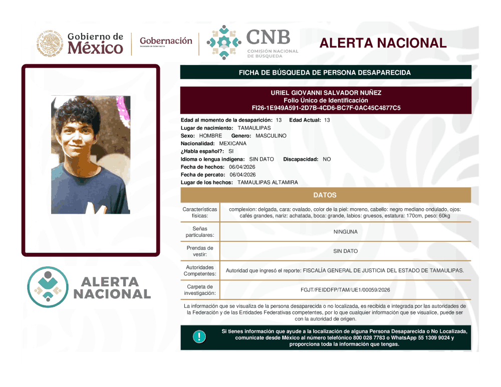 Persona desaparecida Uriel Giovanni Salvador Nuñez