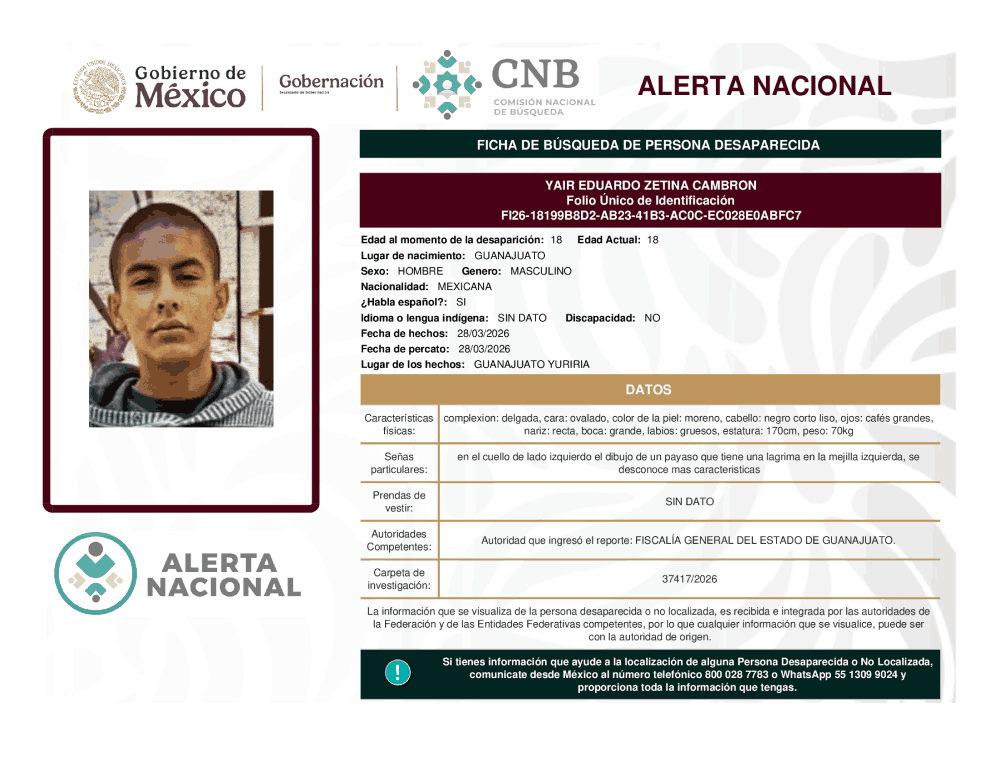 Persona desaparecida Yair Eduardo Zetina Cambron