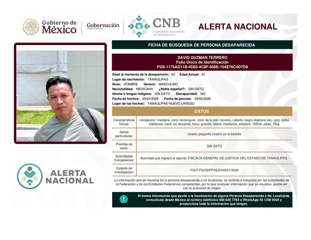 Persona desaparecida David Guzman Terrero