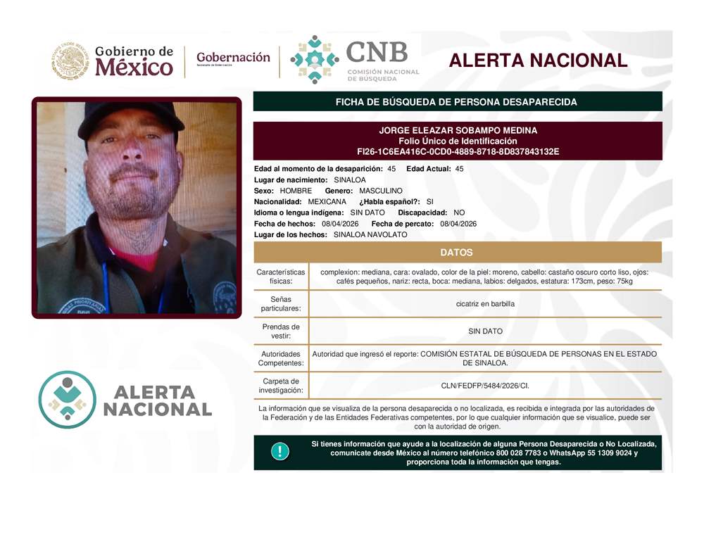 Persona desaparecida Jorge Eleazar Sobampo Medina