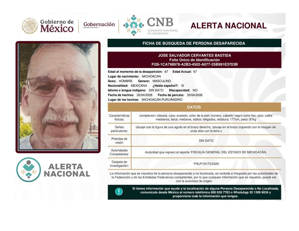 Persona desaparecida José Alvador Cervantes Bastida