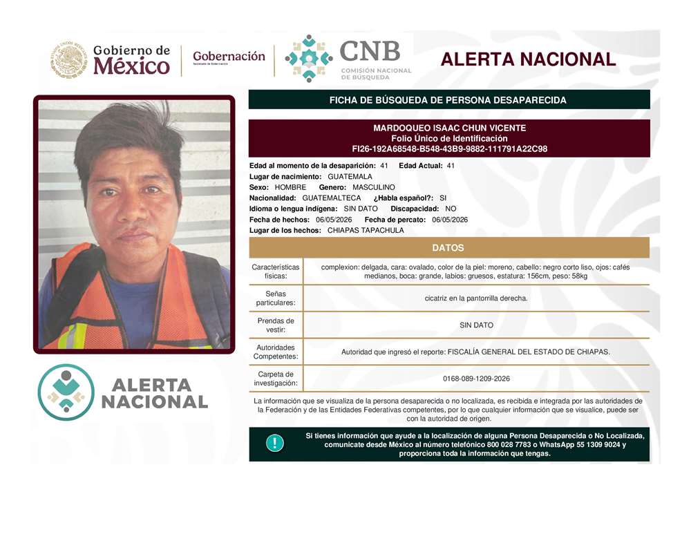 Persona desaparecida Mardoqueo Isaac Chun Vicente