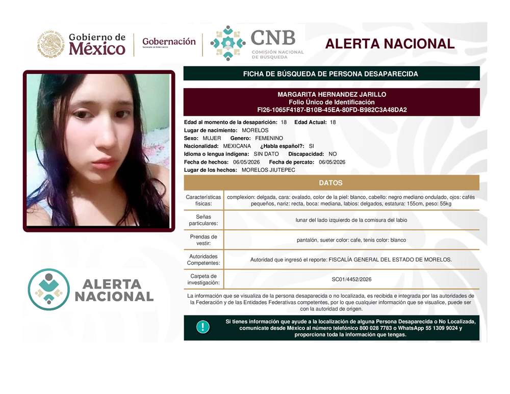 Persona desaparecida Margarita Hernández Jarillo