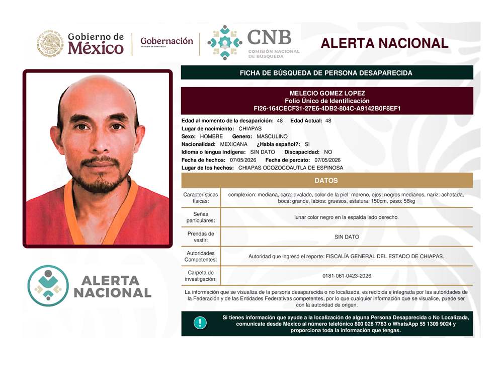 Persona desaparecida Melecio Gómez López