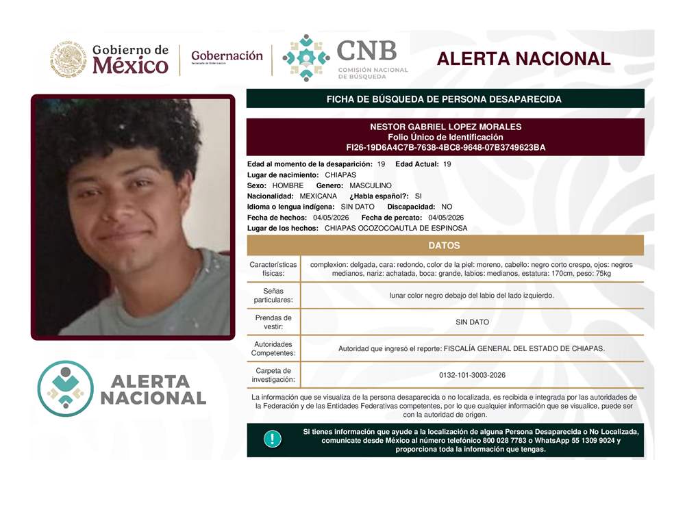 Persona desaparecida Nestor Gabriel López Morales