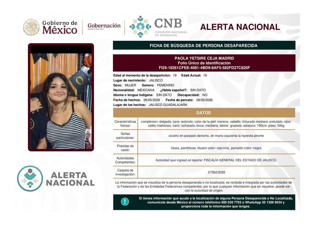 Persona desaparecida Paola Yetsire Ceja Madrid