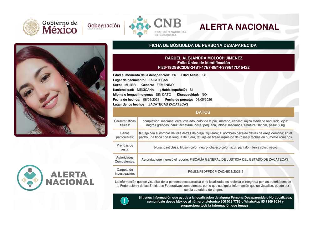 Persona desaparecida Raquel Alejandra Moloch Jiménez