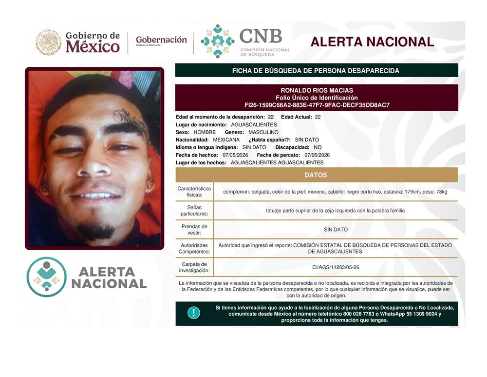 Persona desaparecida Ronaldo Ríos Macias