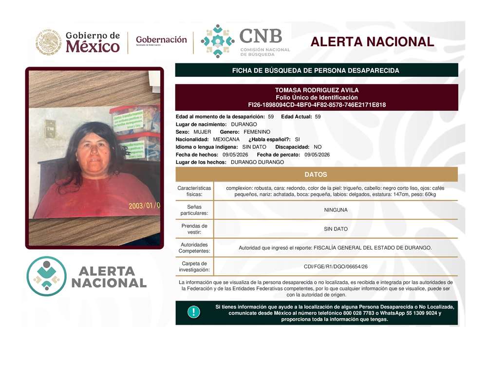 Persona desaparecida Tomasa Rodríguez Ávila