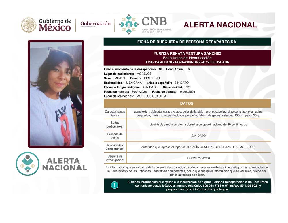 Persona desaparecida Yuritza Renata Ventura Sánchez