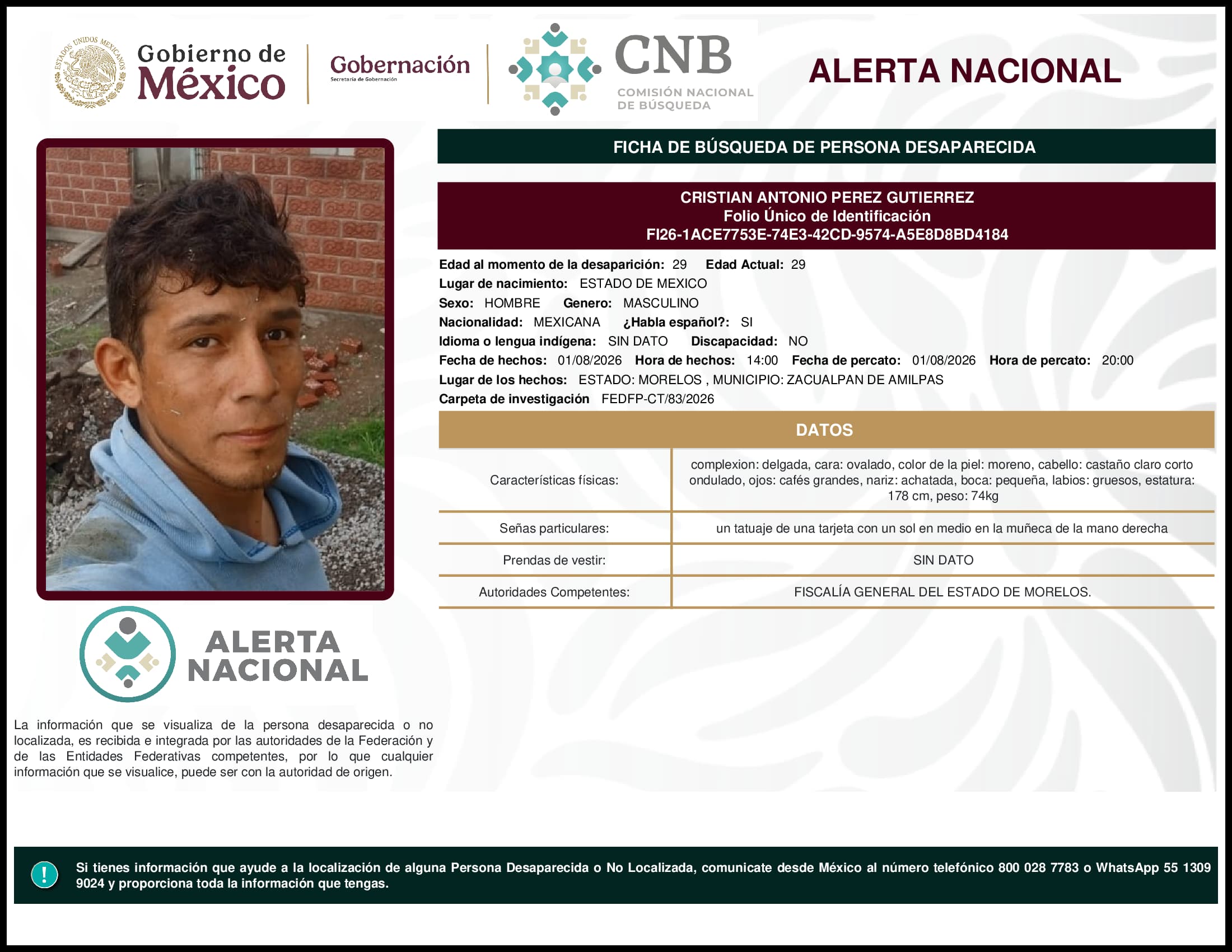 Persona desaparecida Cristian Antonio Perez Gutierrez
