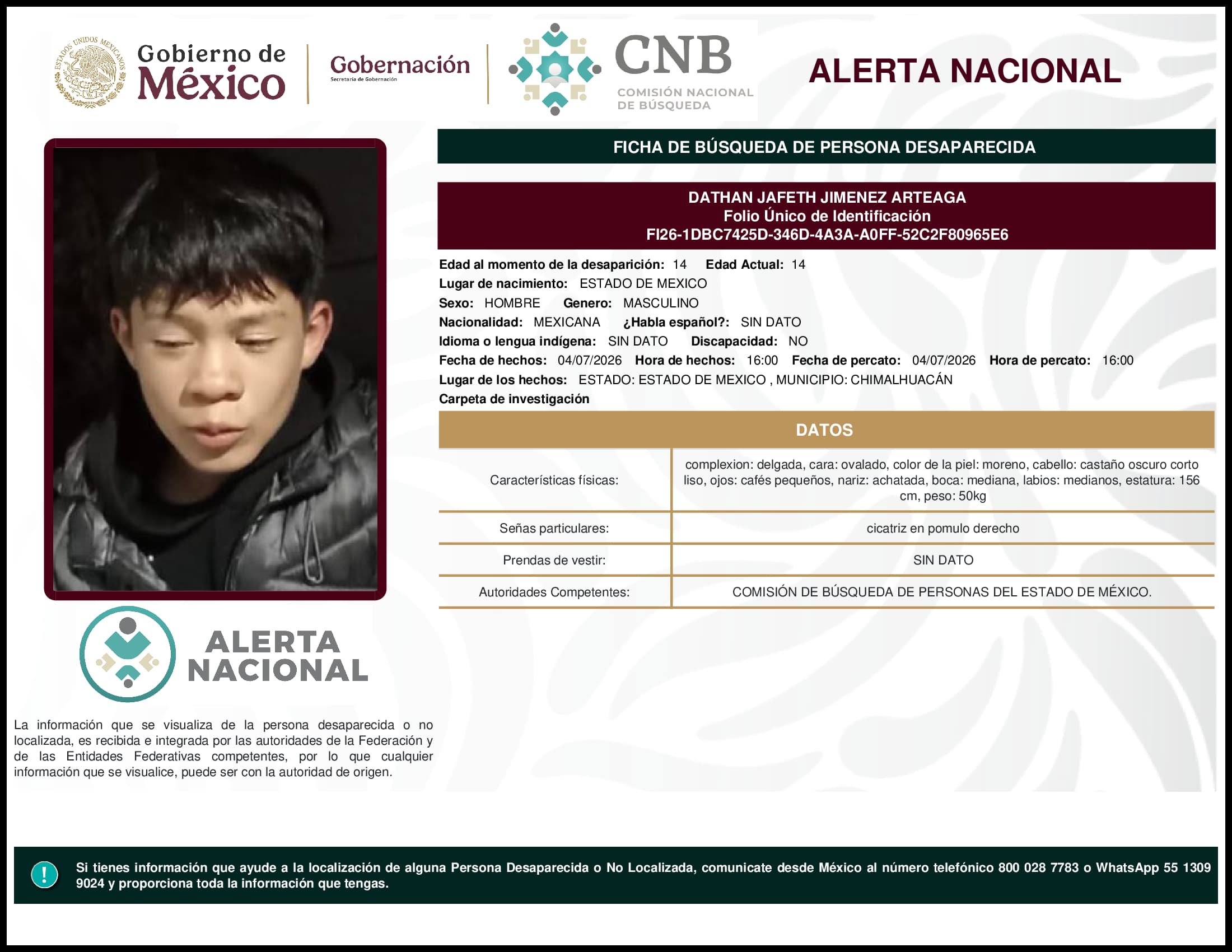 Persona desaparecida Dathan Jafeth Jimenez Arteaga