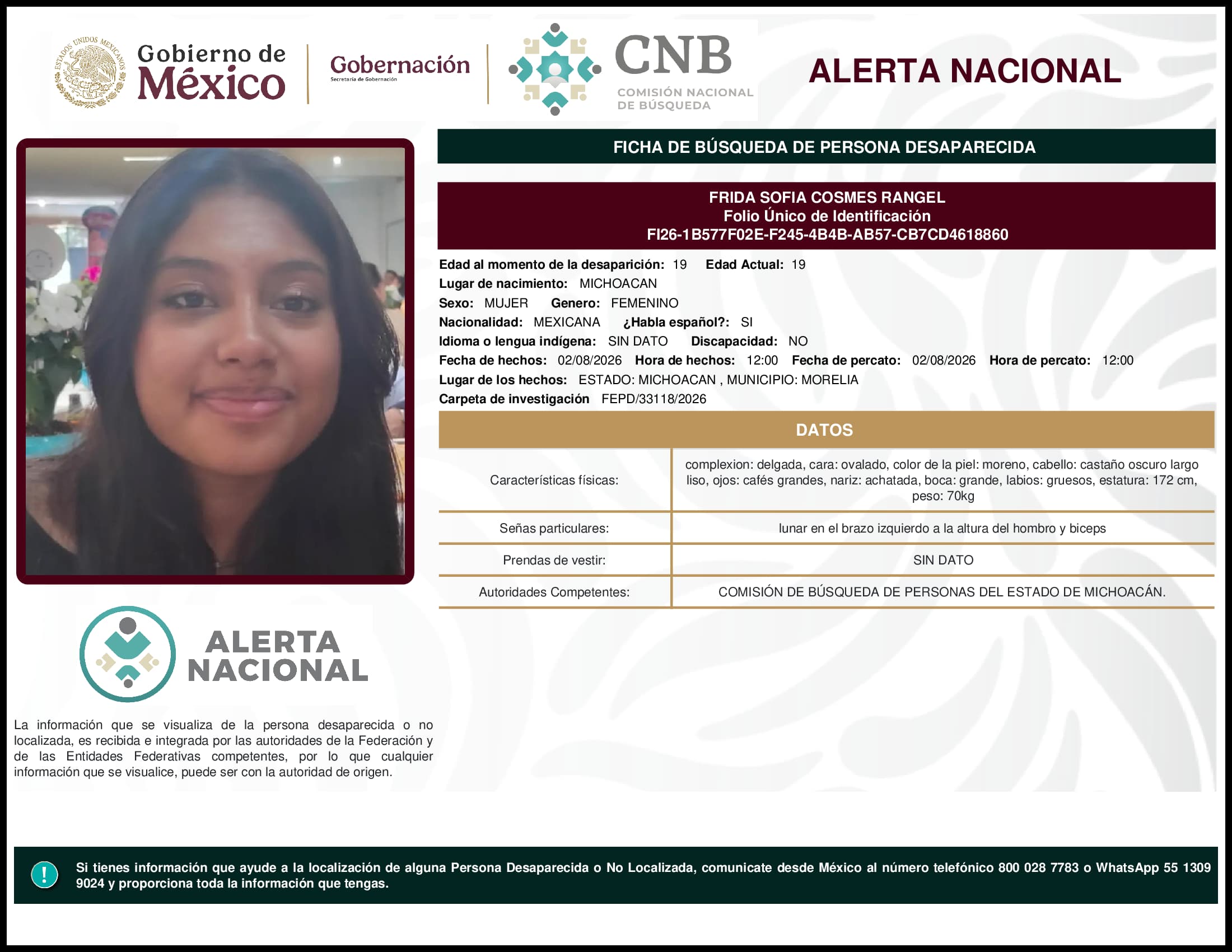 Persona desaparecida Frida Sofia Cosmes Rangel