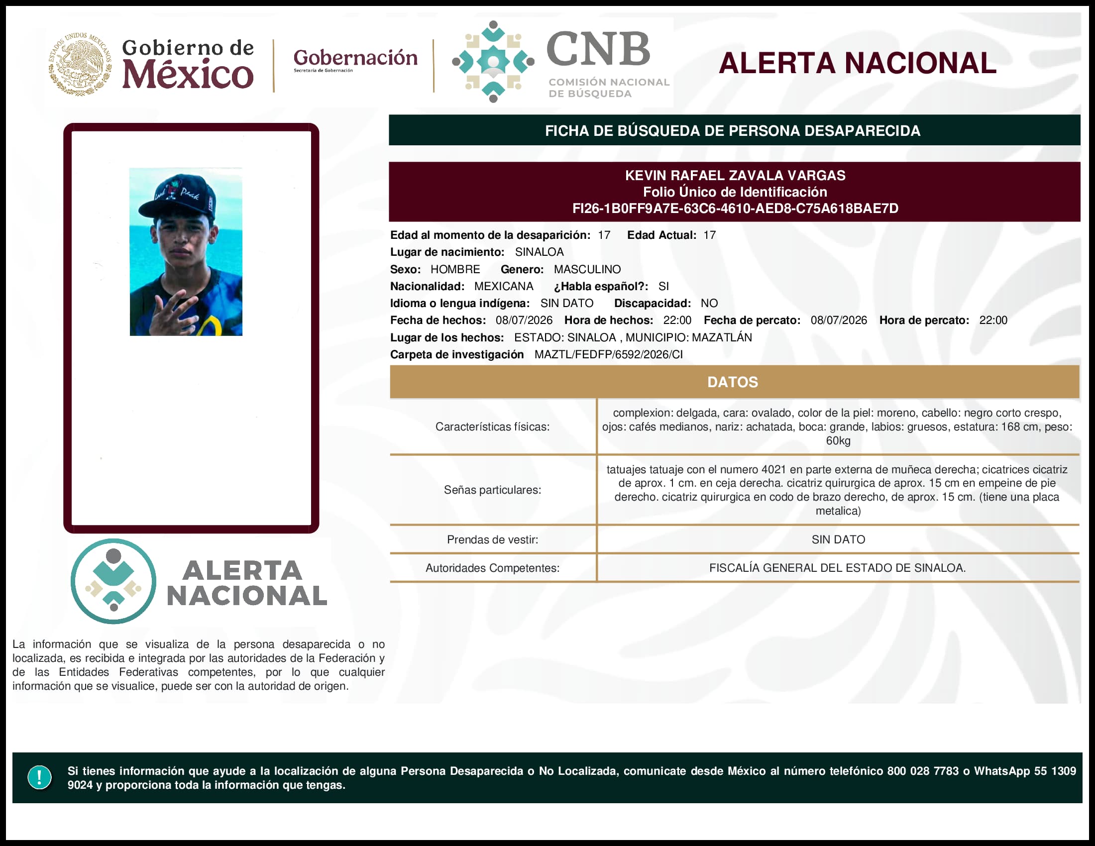 Persona desaparecida Kevin Rafael Zavala Vargas