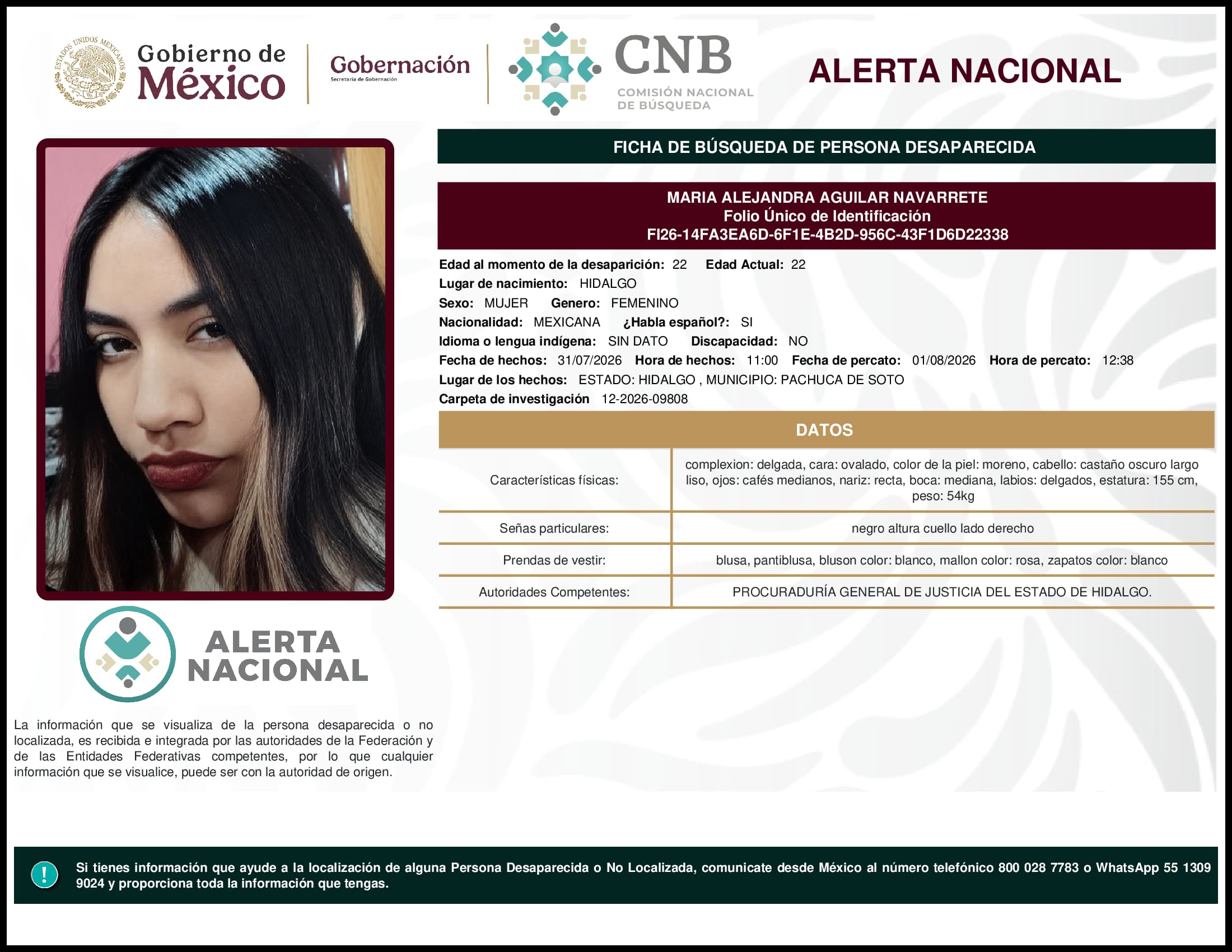 Persona desaparecida Maria Alejandra Aguilar Navarrete