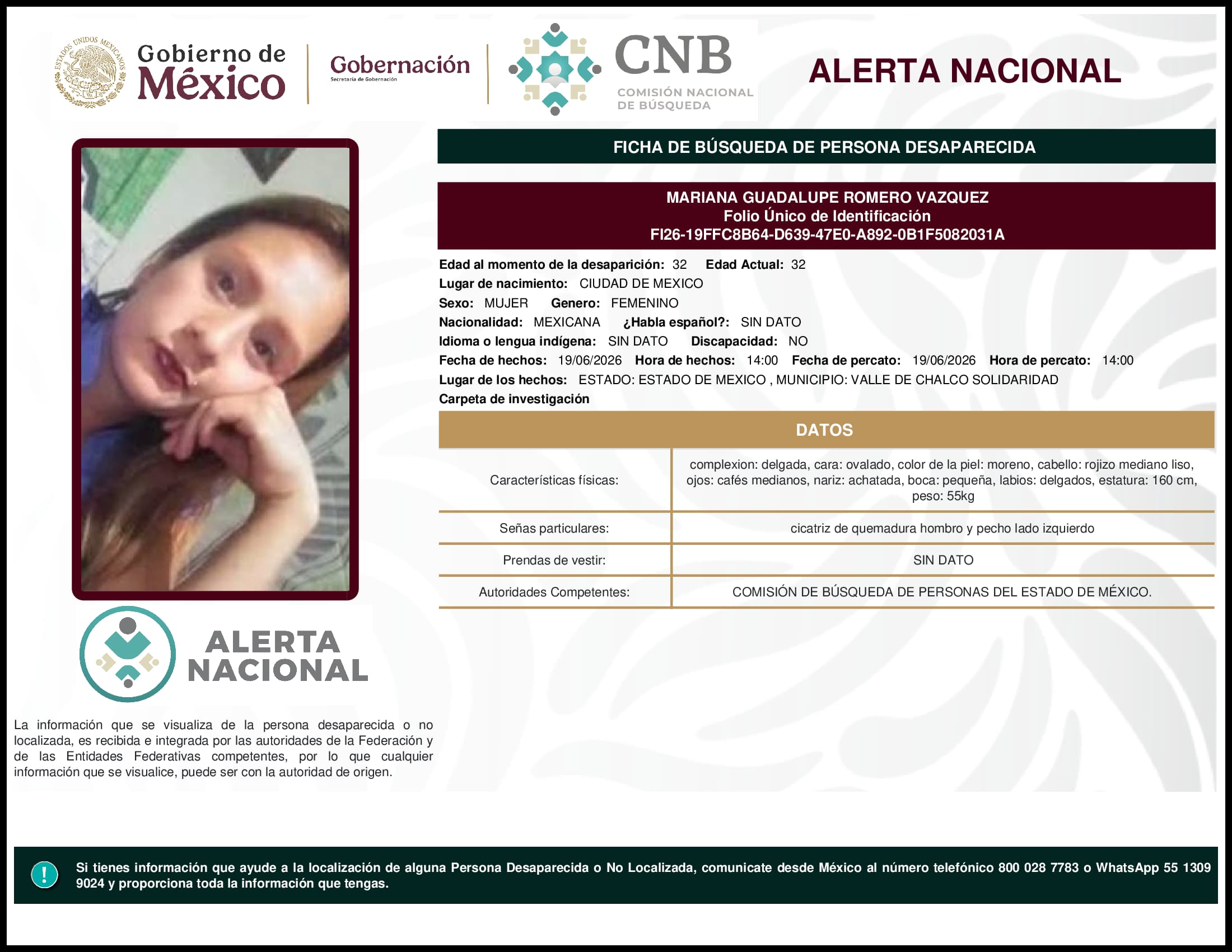 Persona desaparecida Mariana Guadalupe Romero Vazquez