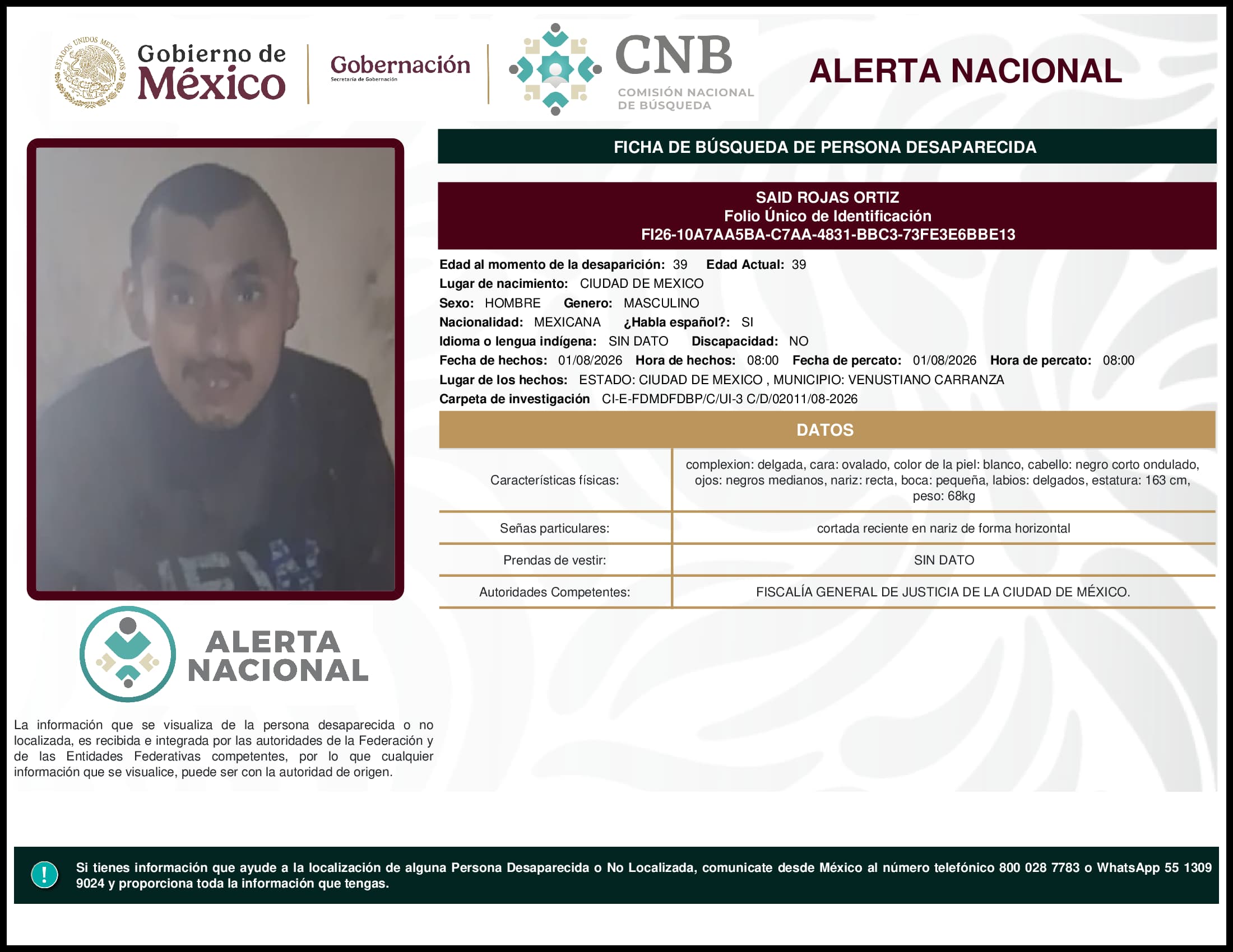 Persona desaparecida Said Rojas Ortiz