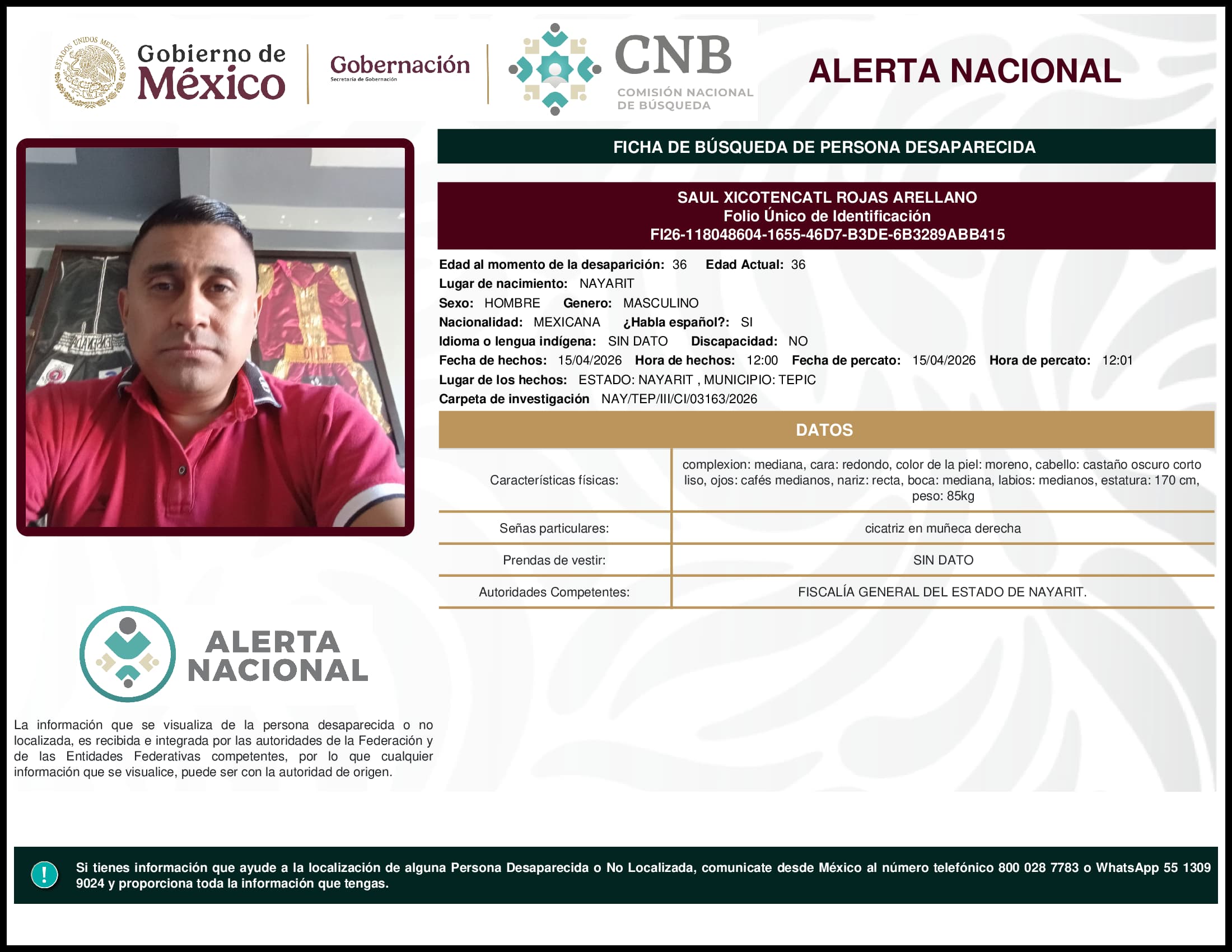 Persona desaparecida Saul Xicotencatl Rojas Arellano