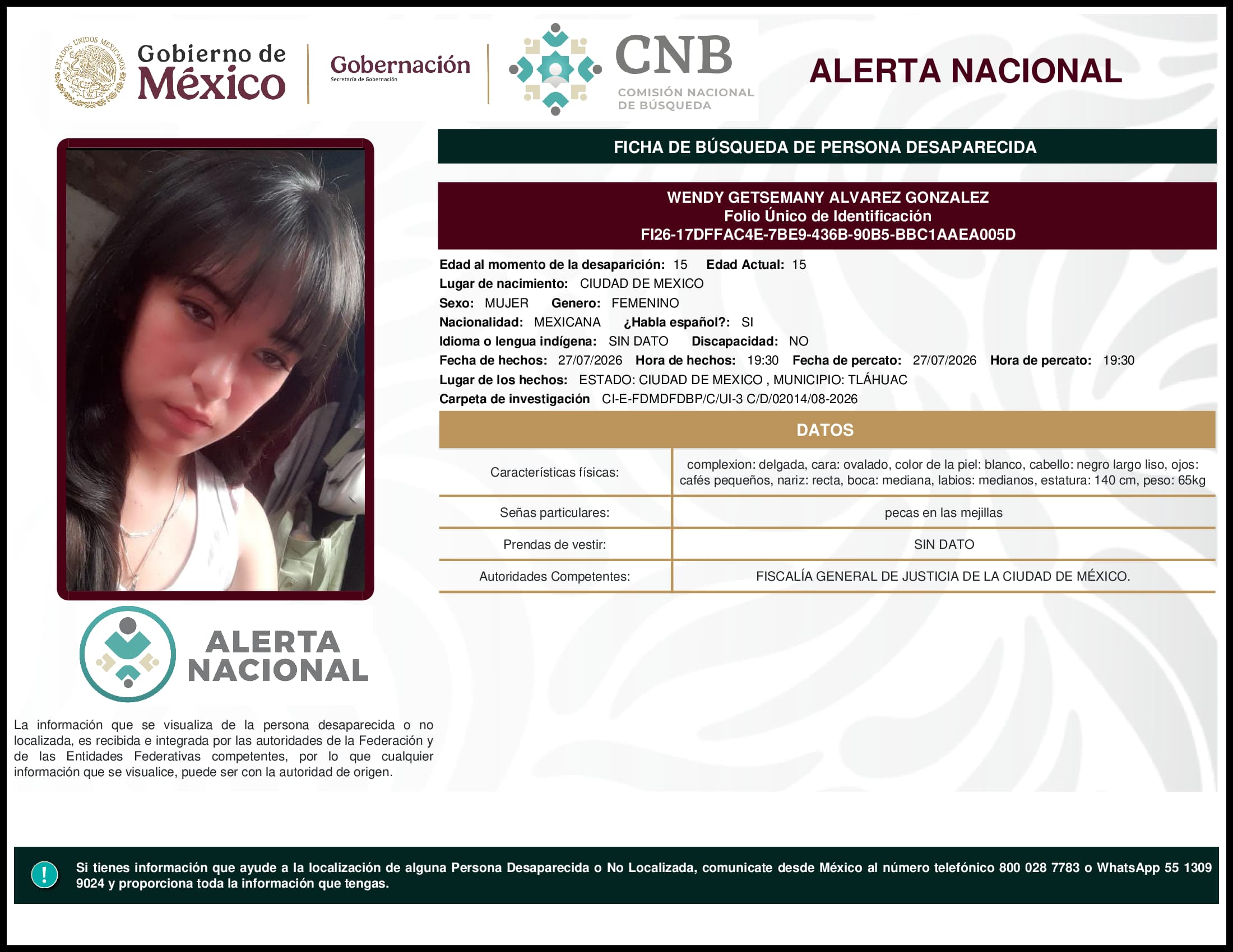 Persona desaparecida Wendy Getsemany Alvarez Gonzalez