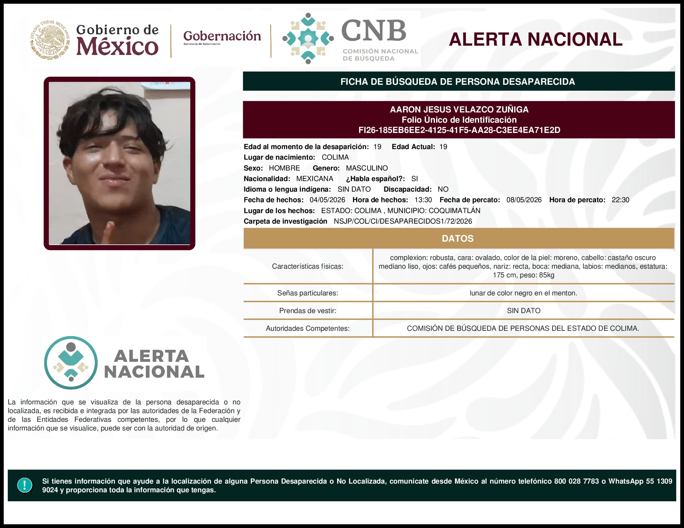 Persona desaparecida Aaron Jesus Velazco Zuniga