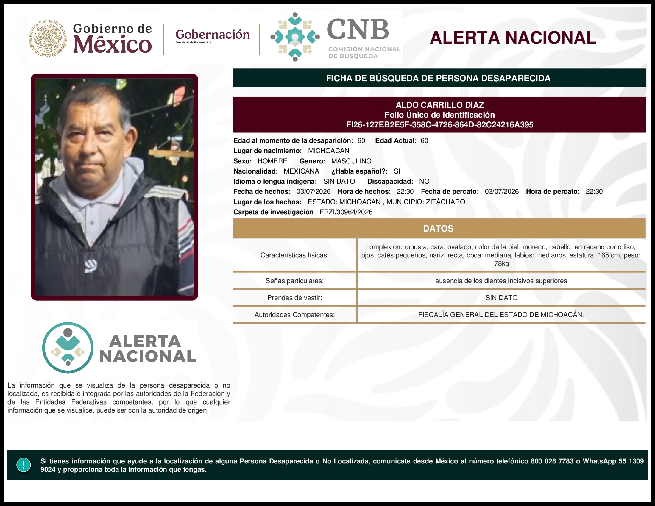 Persona desaparecida Aldo Carrillo Diaz