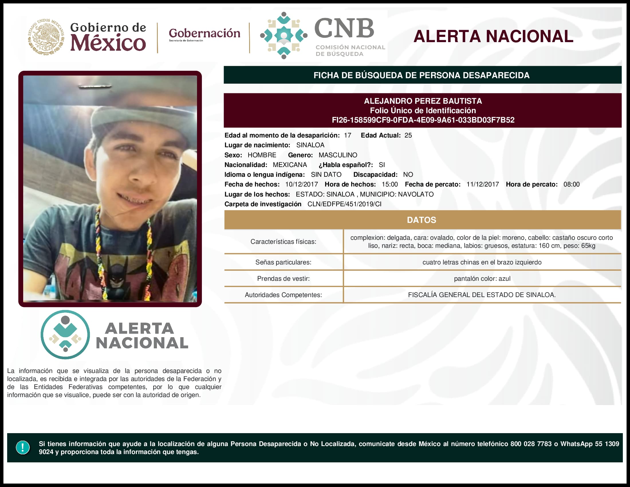 Persona desaparecida Alejandro Perez Bautista