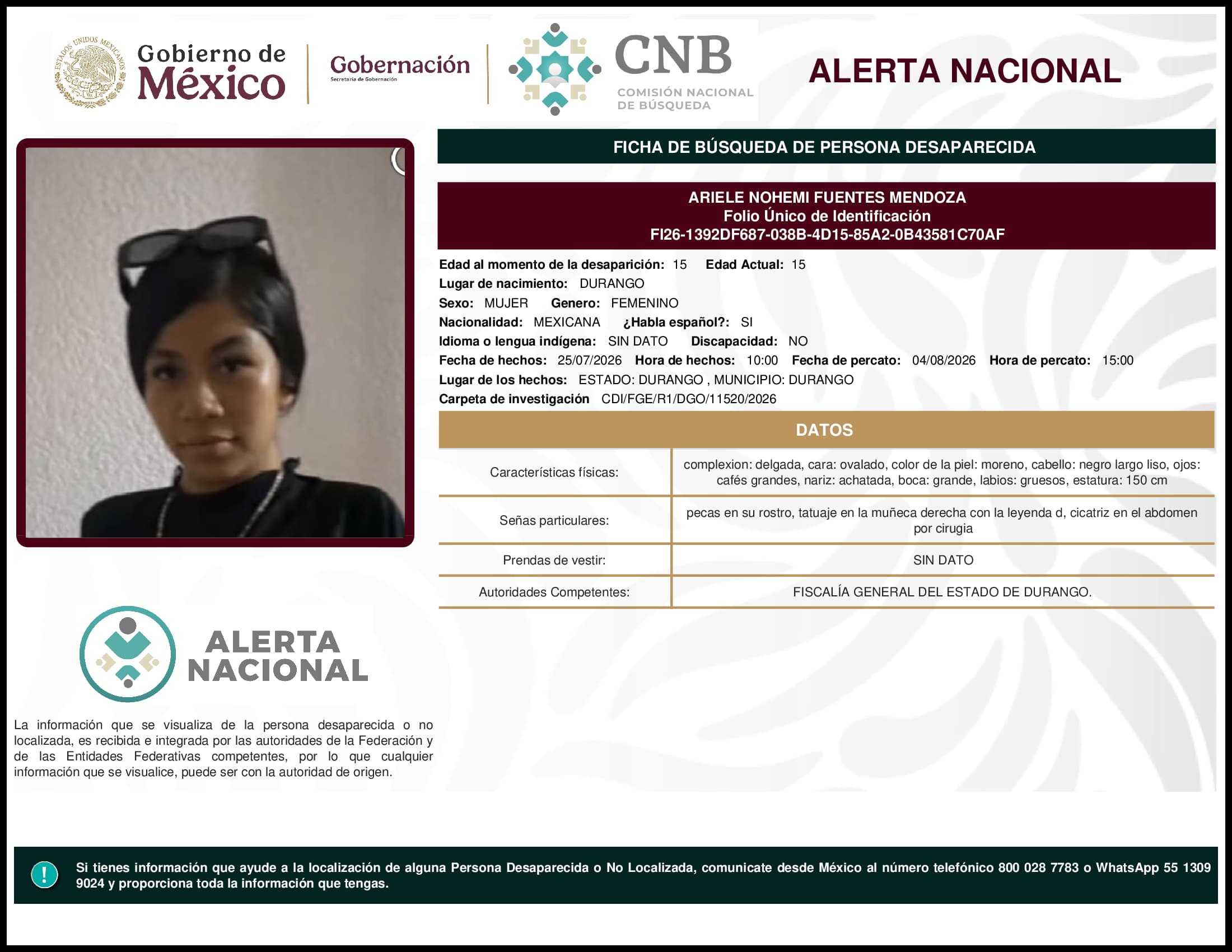 Persona desaparecida Ariele Nohemi Fuentes Mendoza