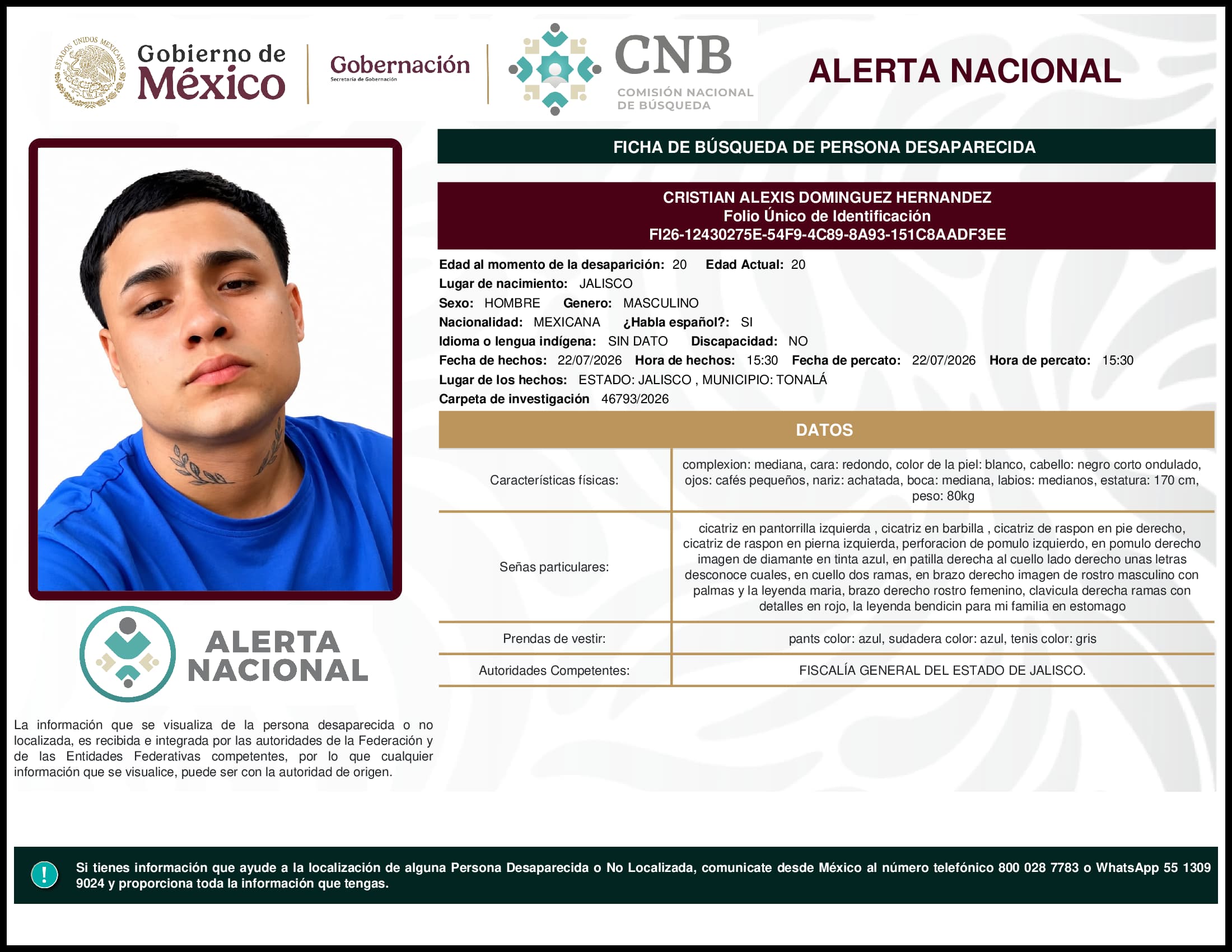 Persona desaparecida Cristian Alexis Dominguez Hernandez