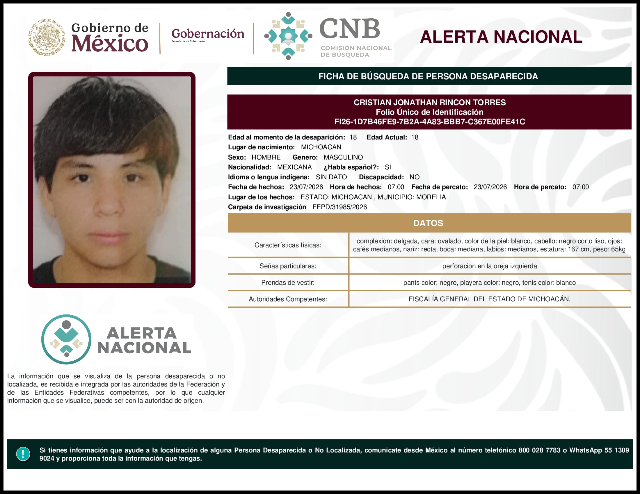 Persona desaparecida Cristian Jonathan Rincon Torres