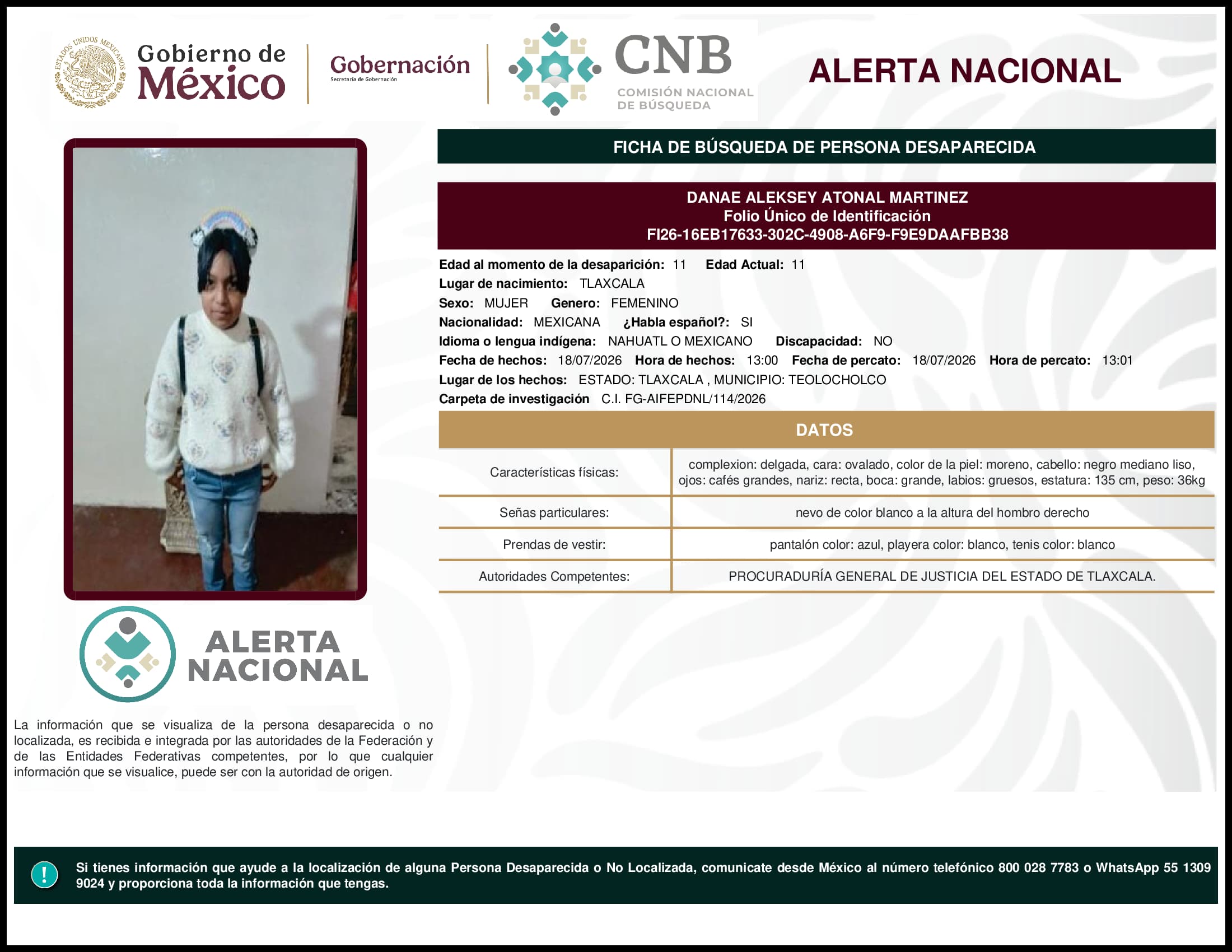 Persona desaparecida Danae Aleksey Atonal Martinez