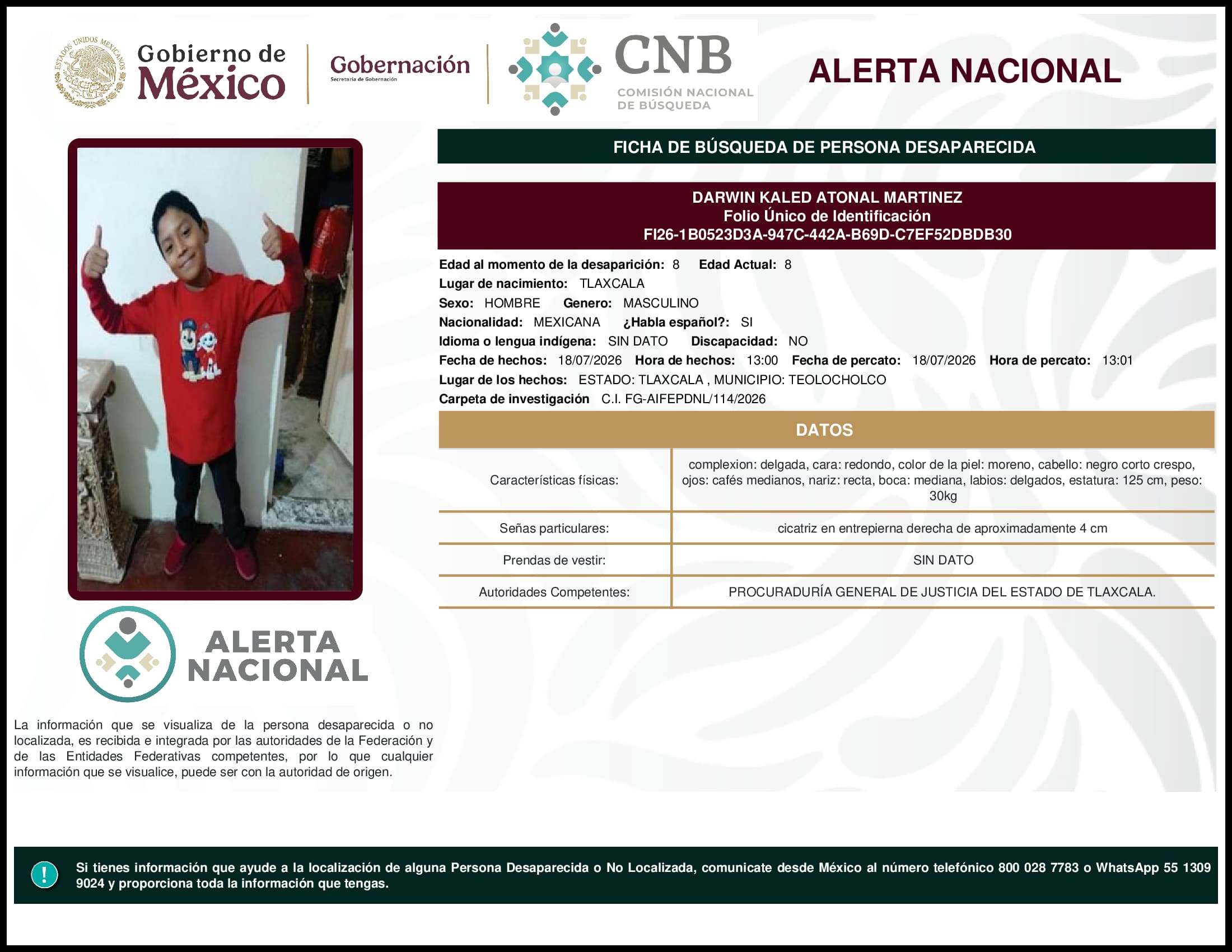 Persona desaparecida Darwin Kaled Atonal Martinez