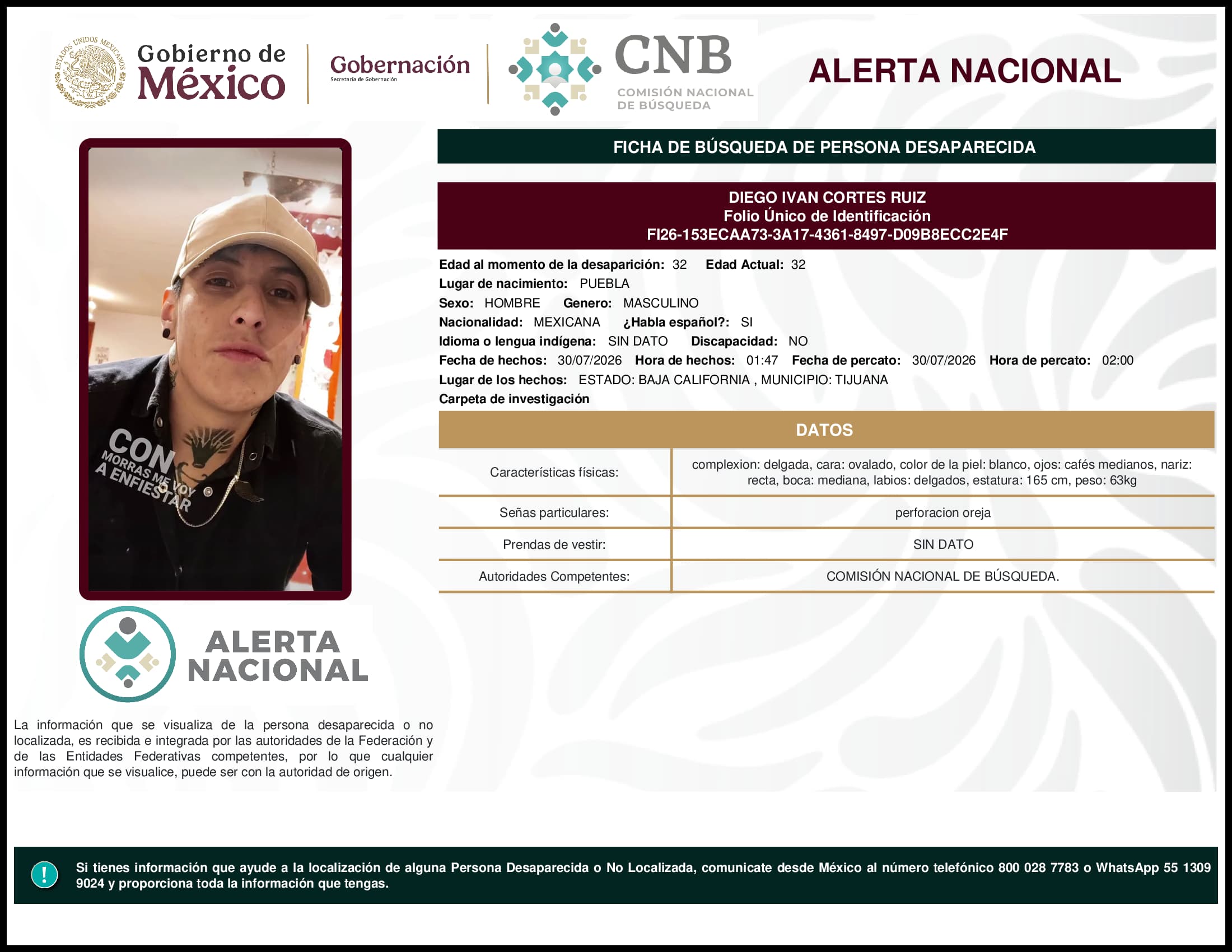Persona desaparecida Diego Ivan Cortes Ruiz