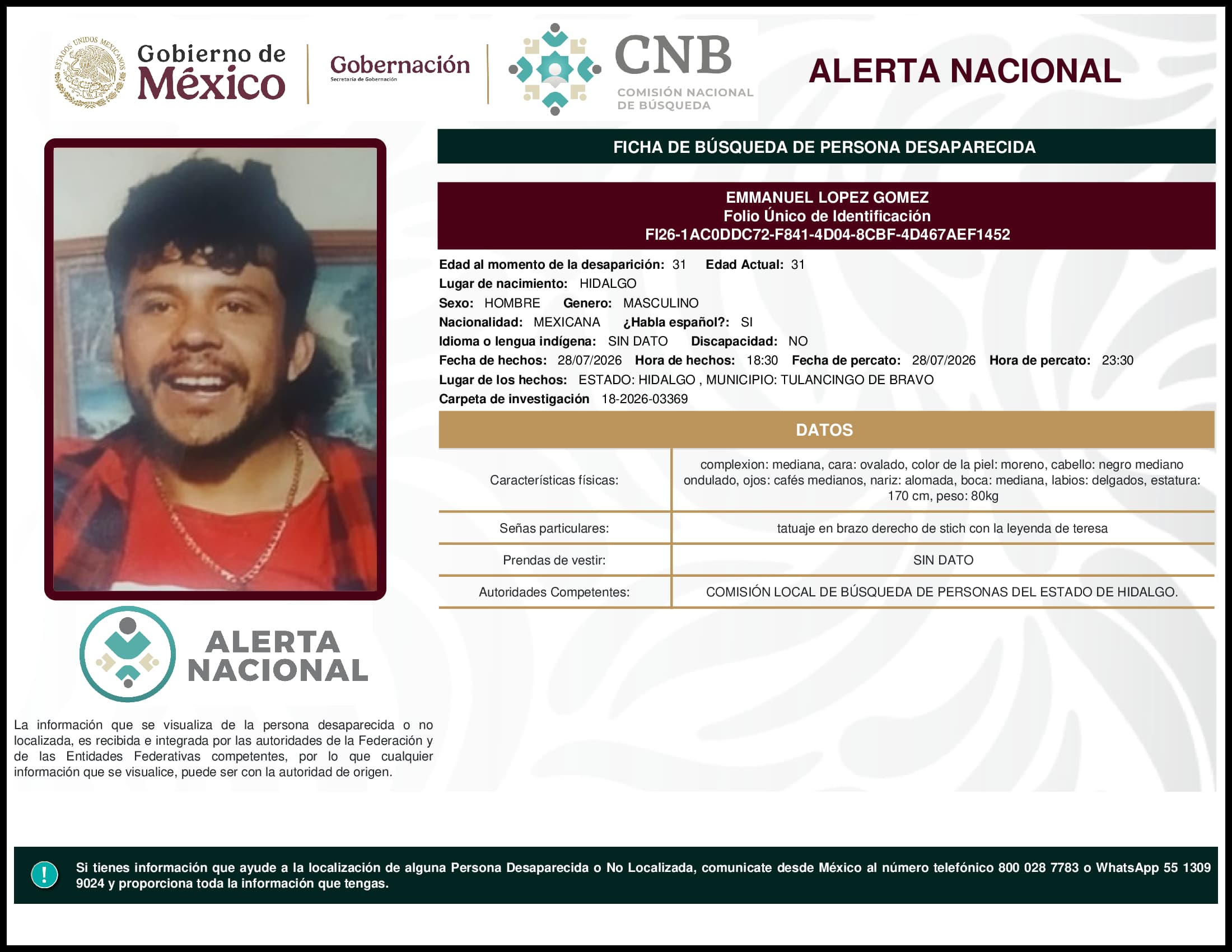 Persona desaparecida Emmanuel Lopez Gomez