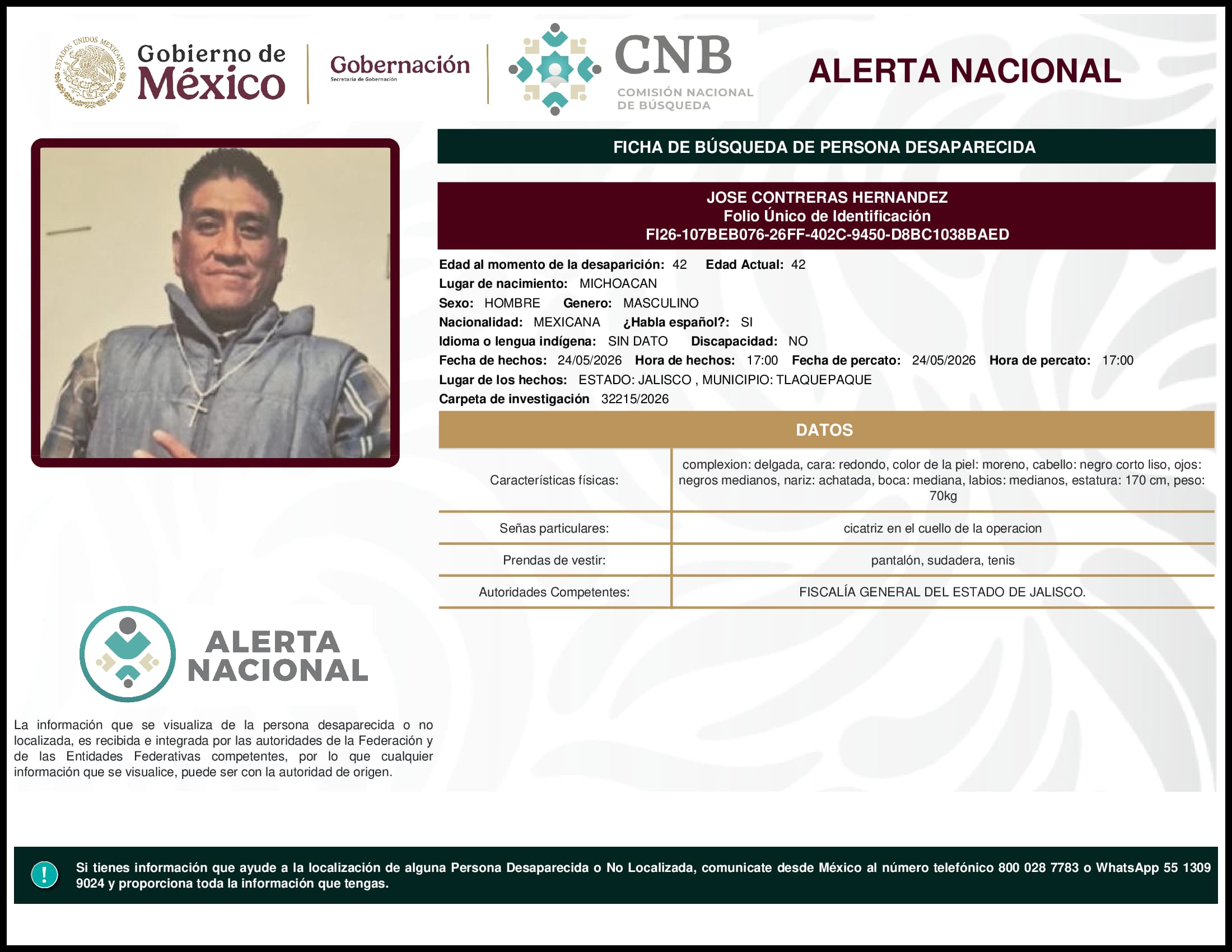 Persona desaparecida Jose Contreras Hernandez