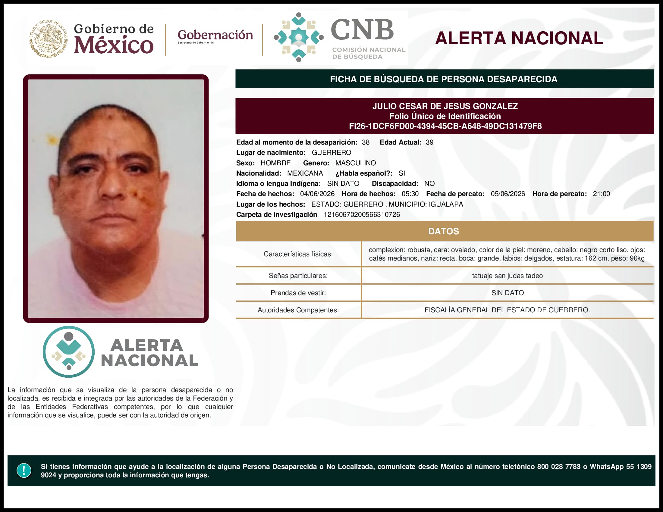 Persona desaparecida Julio Cesar De Jesus Gonzalez