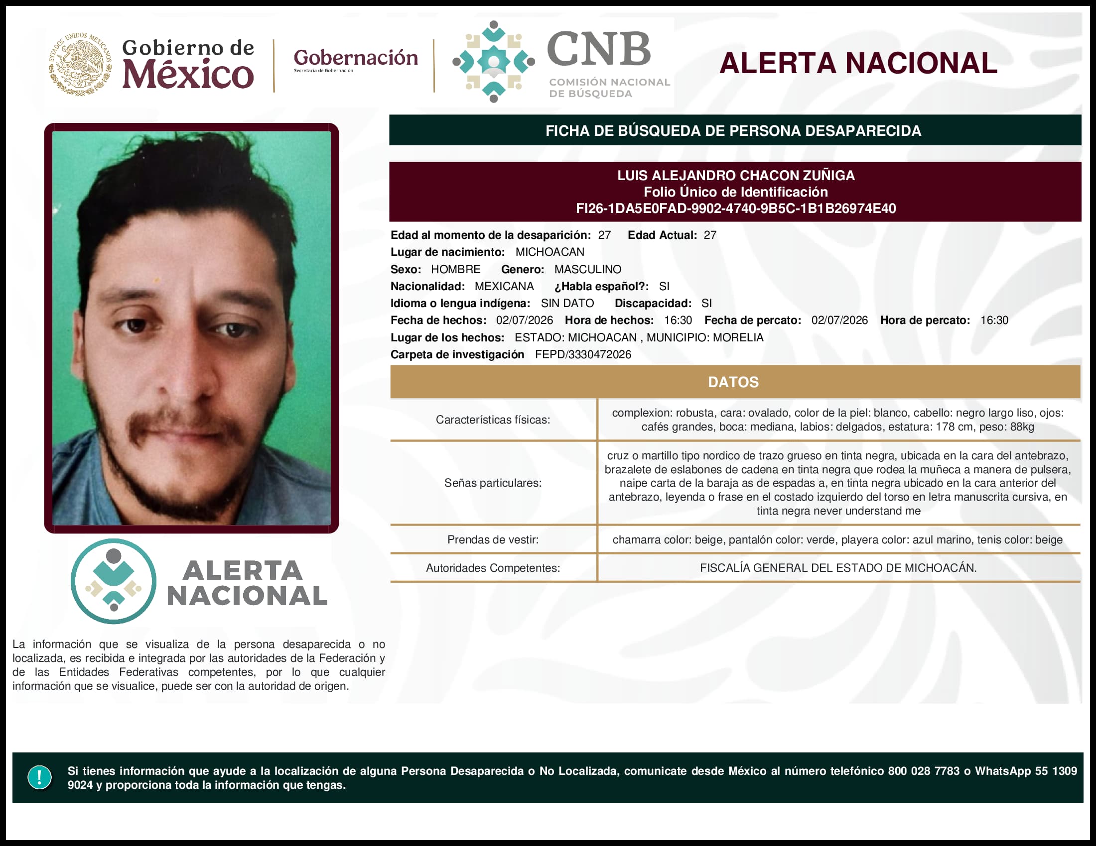 Persona desaparecida Luis Alejandro Chacon Zuniga