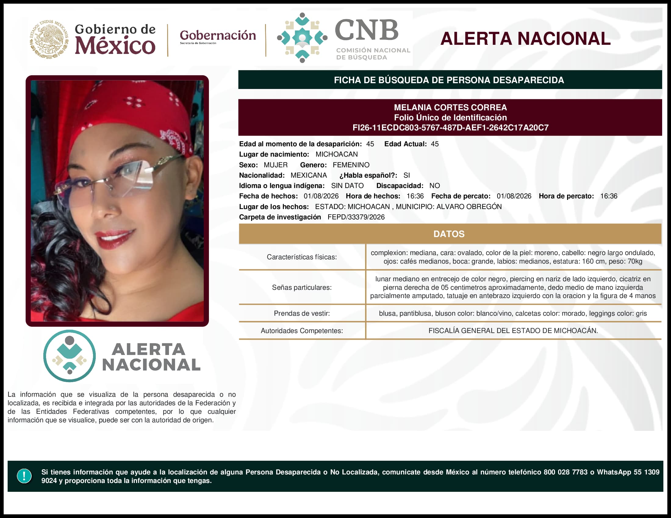 Persona desaparecida Melania Cortes Correa