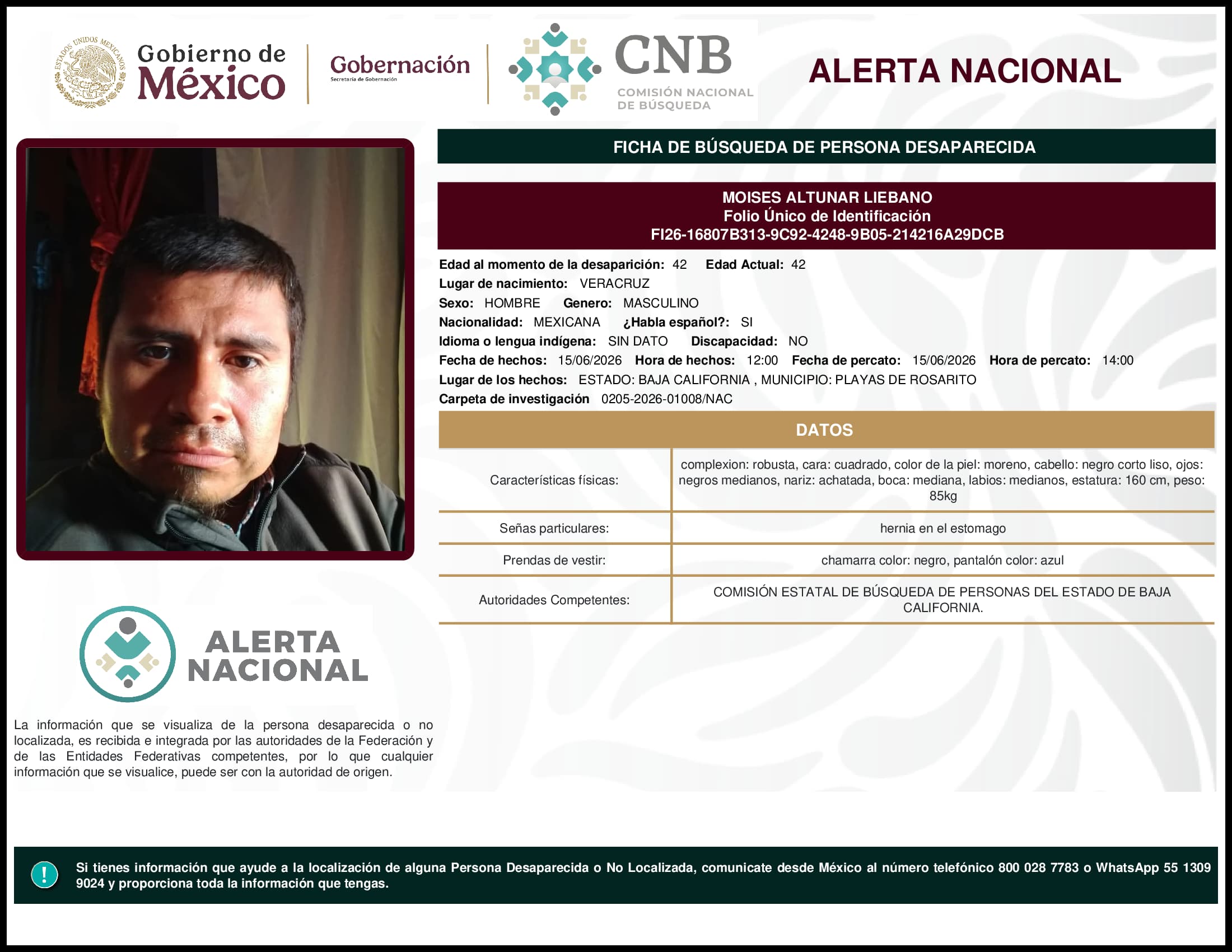 Persona desaparecida Moises Altunar Liebano