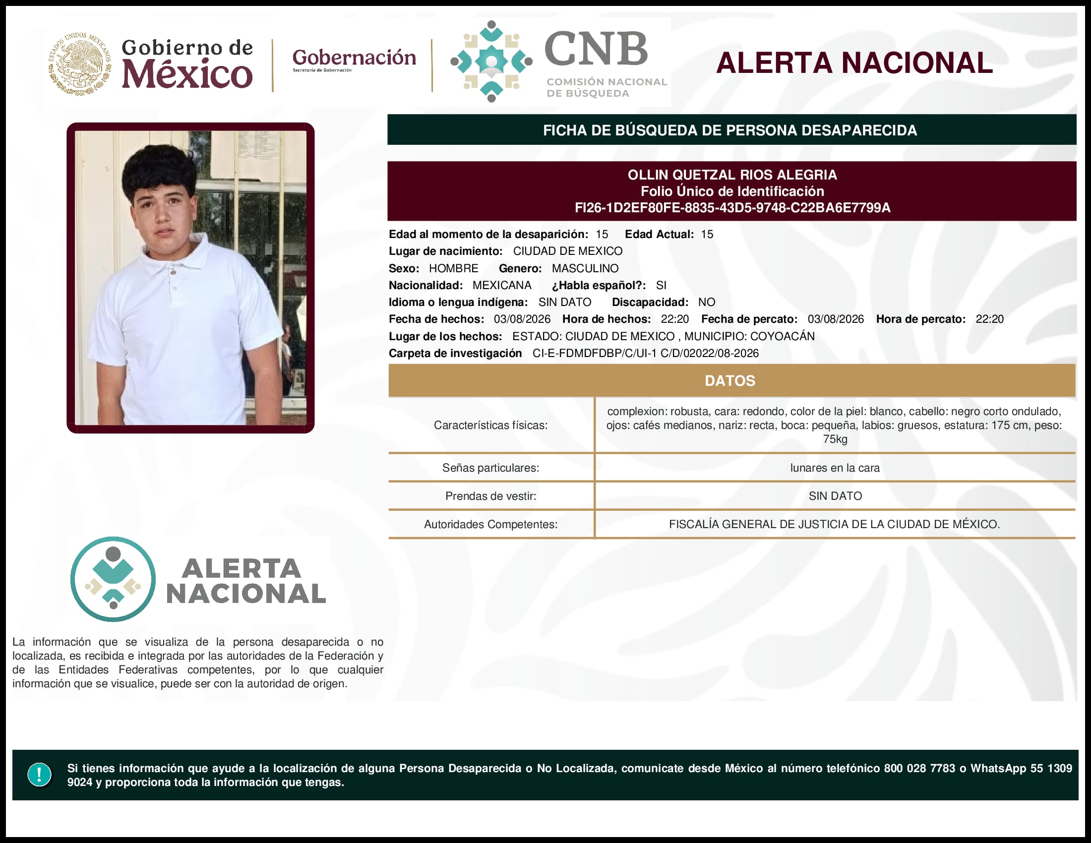 Persona desaparecida Ollin Quetzal Rios Alegria