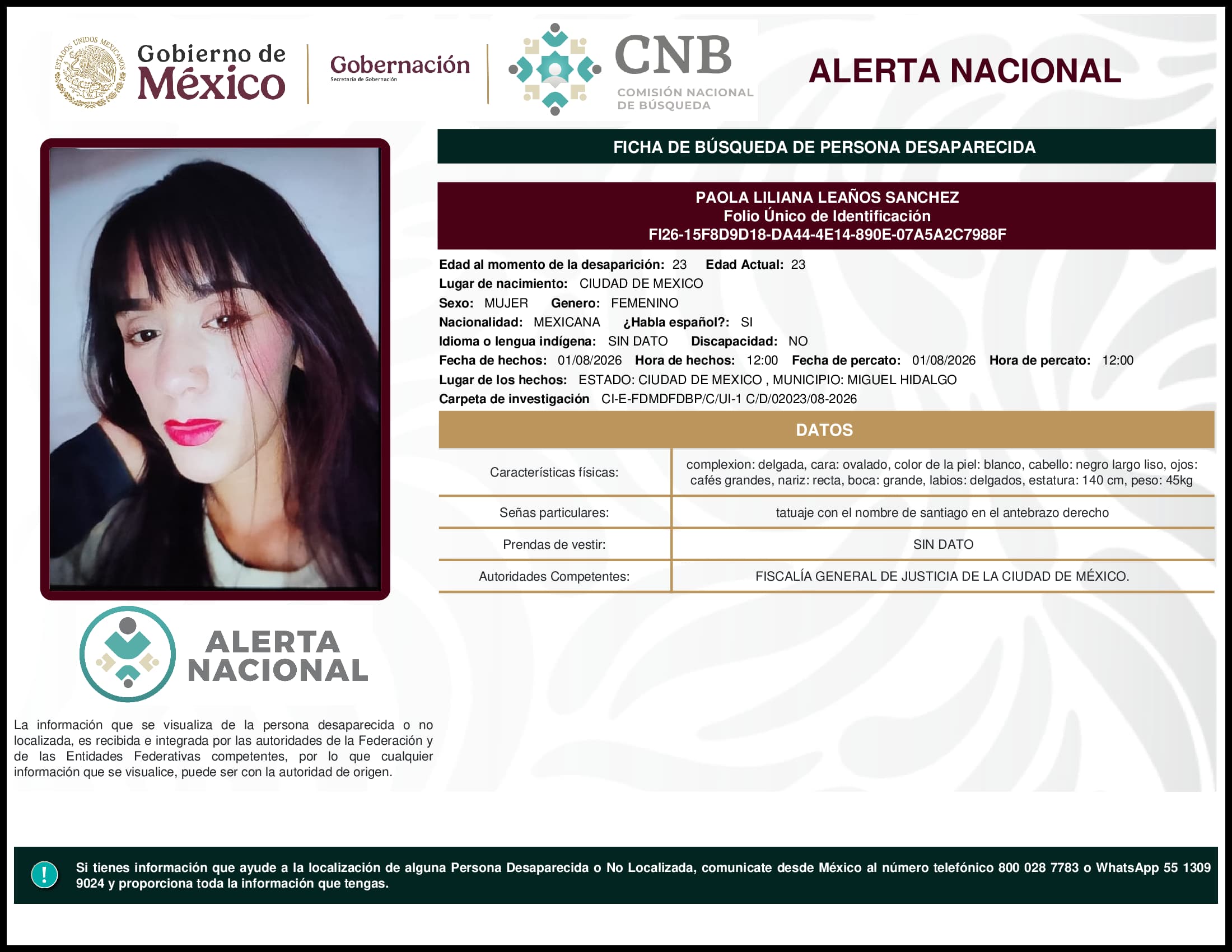 Persona desaparecida Paola Liliana Leanos Sanchez