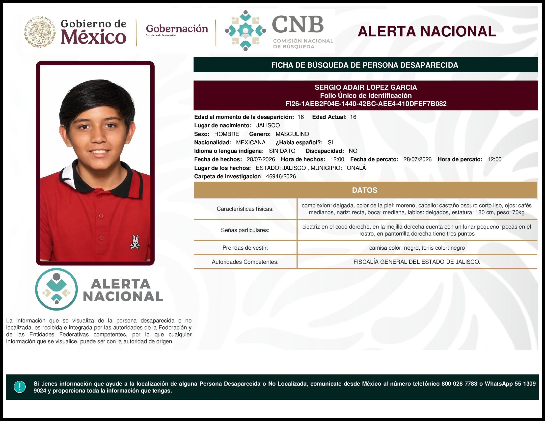 Persona desaparecida Sergio Adair Lopez Garcia