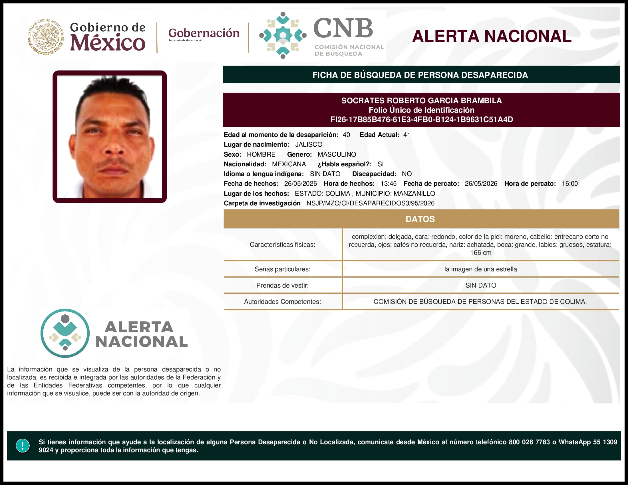 Persona desaparecida Socrates Roberto Garcia Brambila