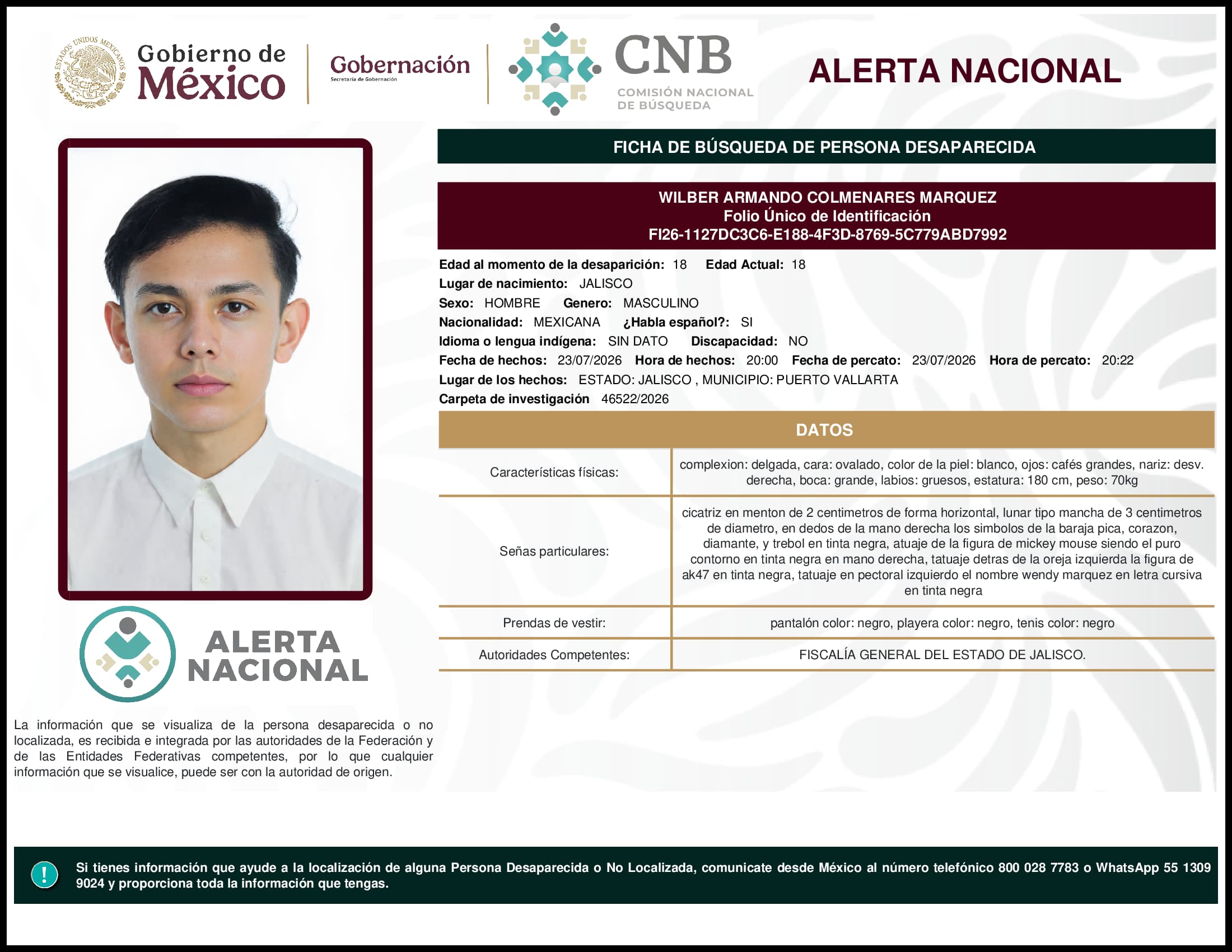 Persona desaparecida Wilber Armando Colmenares Marquez